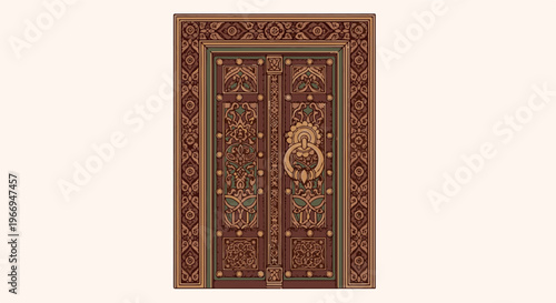 Ornate wooden door with intricate carvings and a large circular knocker
