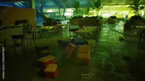 temporary shelter space overturned supplies and stacked boxes amid scattered chairs, low industrial lighting casts long shadows, evidence of hasty setup