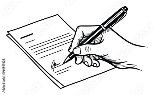 A persons hand holds a pen to sign an important document, symbolizing an agreement or contract for legal, business, and financial applications.