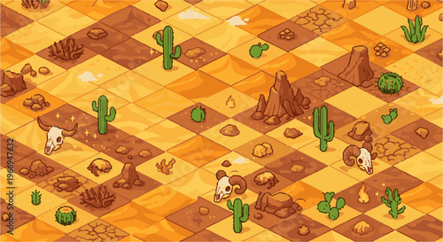 Pixel art isometric desert landscape with cacti, animal skulls and rocks