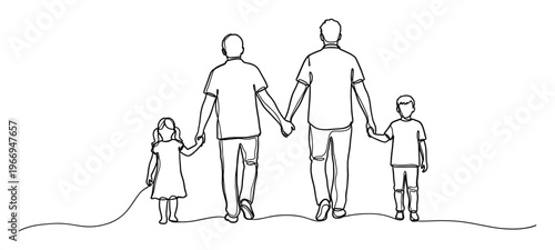 Happy family with two fathers and their children walking together holding hands representing love and support ideal for parenting concepts and inclusive lifestyle publications