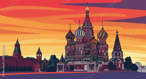 Pixelated Kremlin and cathedral against a vibrant sunset sky