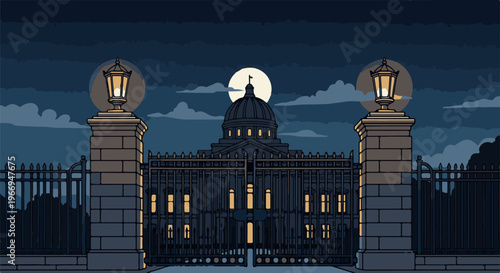 Pixelated night view of a grand domed building with illuminated windows