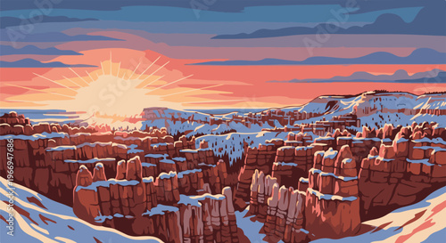 Pixelated sunrise over a snowy canyon landscape with vibrant colors