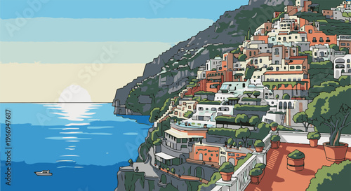 Pixel art of a coastal town built on a steep cliff overlooking the ocean