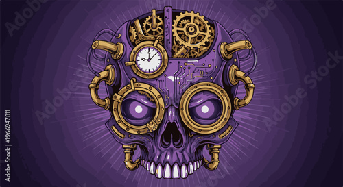 Pixelated purple mechanical skull with gears and a clock, glowing eyes
