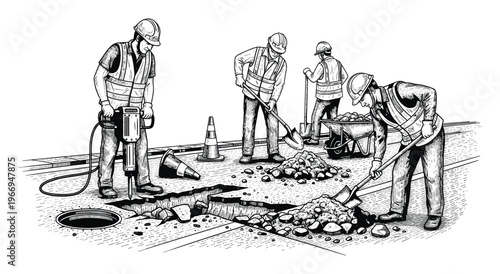 Construction workers repairing a road with jackhammers and shovels, removing broken asphalt and debris for infrastructure maintenance and urban development projects