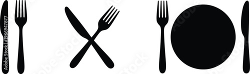 Black icons of cutlery and a plate, representing dining settings.