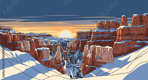 Pixelated snowy canyon at sunset with orange glow