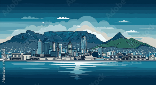 Pixel art cityscape with prominent mountain backdrop and calm water reflection
