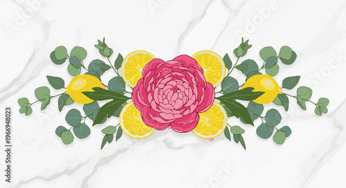Pink peony flower with lemons and eucalyptus leaves on marble