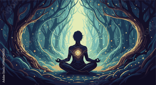 Silhouette meditates in a mystical, glowing forest, surrounded by ethereal light particles