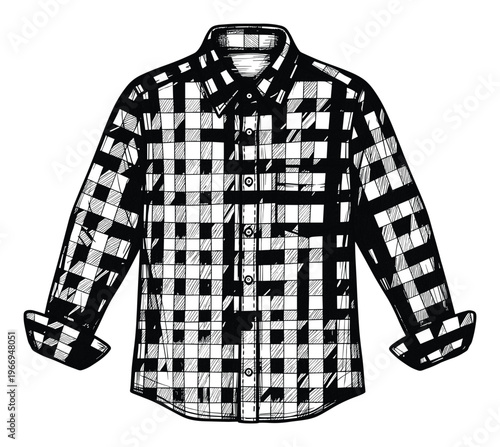Stylized black and white sketch of a classic long sleeve button down plaid shirt with rolled cuffs, ideal for apparel catalogs, graphic design, and clothing advertisements