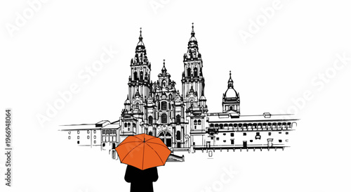 Person with umbrella facing a grand, ornate building in black and white with color accent