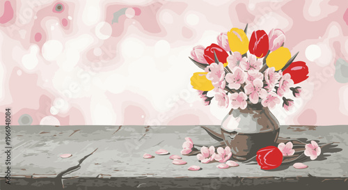 Pastel spring blooms in a vase adorn a rustic table, soft light filters