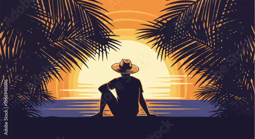 Silhouetted figure in hat watches vibrant sunset over calm ocean framed by palms