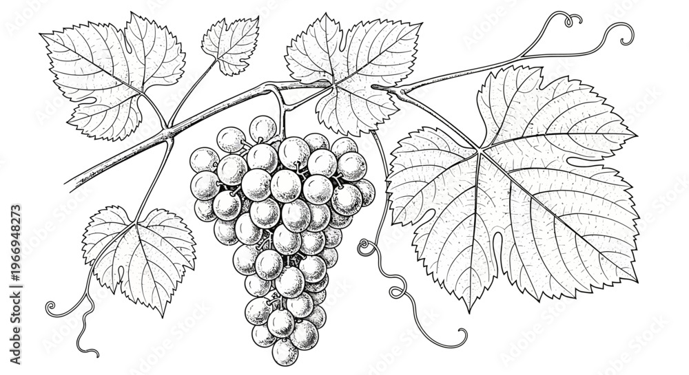 Fototapeta premium Vintage illustration of a grape vine branch with ripe grapes and leaves
