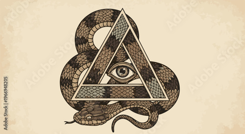 Snake entwined around a triangle with an all-seeing eye, on parchment