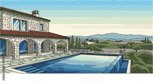 Opulent villa with pool overlooks serene Tuscan countryside vista