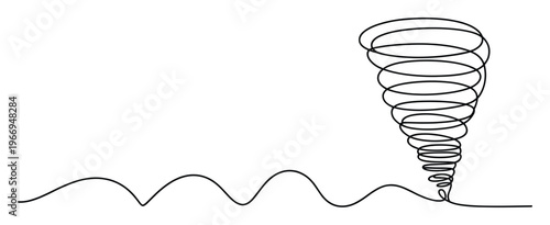 Continuous one line drawing depicting a dynamic spiral tornado emerging from a wavy ground line, perfect for conceptual weather graphics, environmental awareness campaigns, or abstract