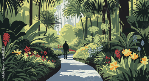 Solitary figure walks a sun-dappled path through a lush, vibrant botanical garden