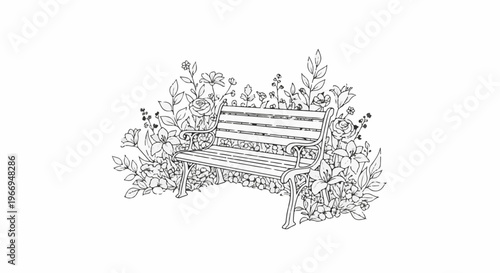 Sketch of a park bench nestled among blooming flowers