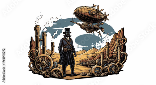 Steampunk adventurer and dirigibles soar over industrial desert landscape