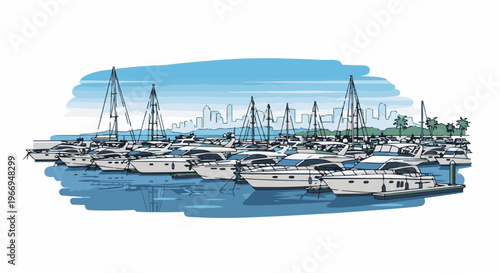 Numerous yachts and sailboats docked at a harbor with a city skyline beyond