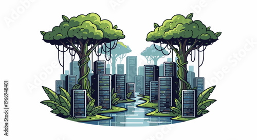 Lush trees entwine with server racks in a digital jungle river