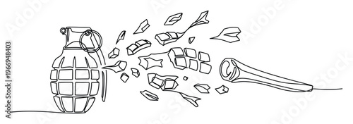 This dynamic single line artwork depicts a military hand grenade breaking apart into numerous pieces moving towards a simple doorknob, perfect for illustrating ideas of conflict, danger, or
