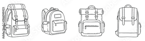 Collection of diverse handdrawn backpack styles featuring travel, school, and outdoor adventure designs for accessory products and educational materials