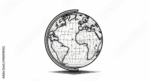 Stylized black and white illustration of a vintage globe on a stand