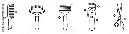 Line art black and white icons of professional hairdressing and barber tools including comb, brushes, clipper, and scissors, perfect for hair salon branding and service promotion