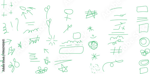 A collection of various green abstract shapes and lines on a white background