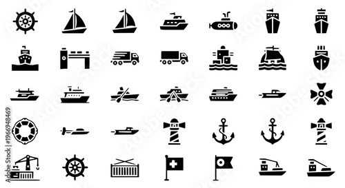 Filled Boat Icon Set with Helm Sailboat Cargo Ship Submarine Harbor Vector