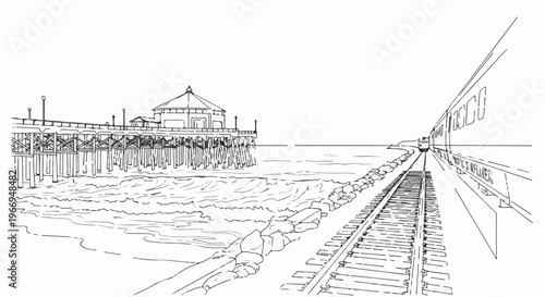 Train travels along coastal tracks past a pier with a domed building
