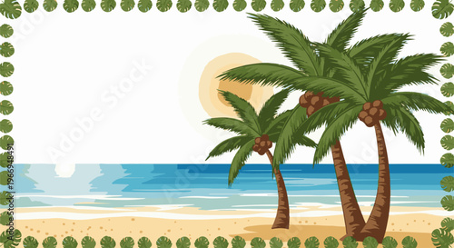 Tropical beach scene with palm trees, coconuts, sun, ocean, and sandy shore