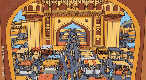 Bustling marketplace beneath an ancient arched gateway, crowded with people and stalls