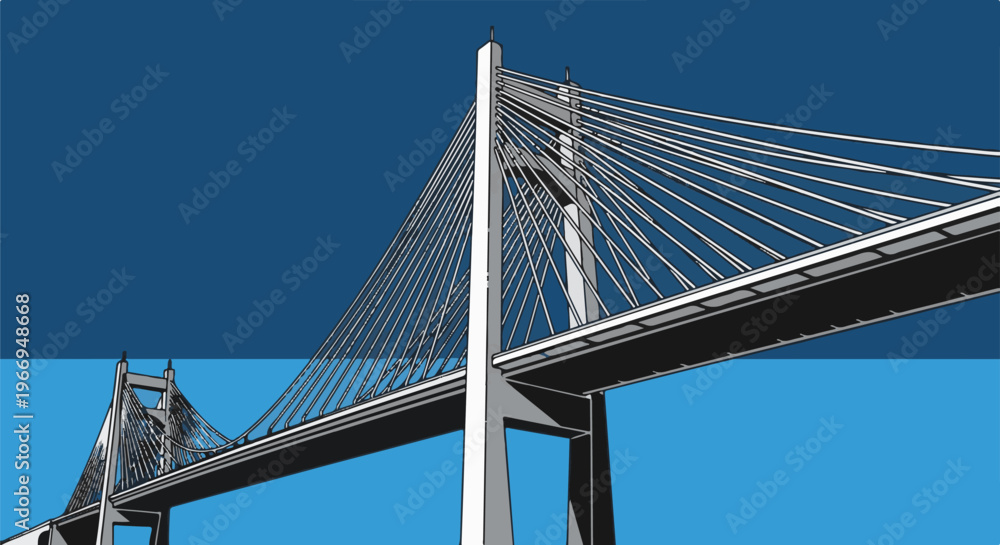 Fototapeta premium Stylized graphic illustration of a suspension bridge against a bold blue sky