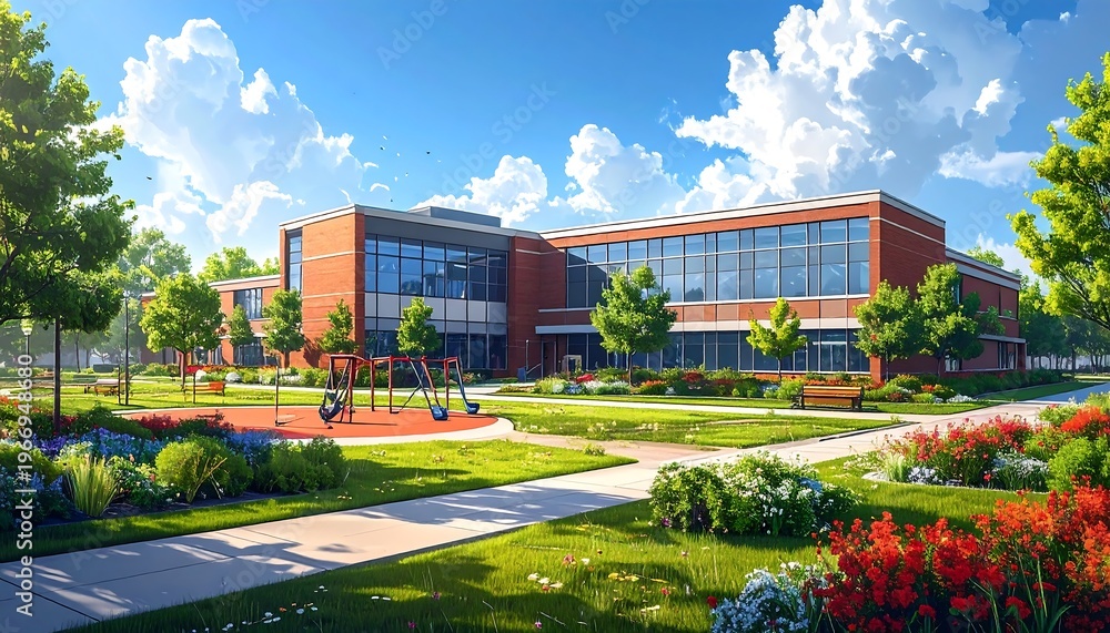 Fototapeta premium A large modern building surrounded by a well-manicured lawn and trees