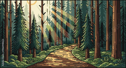 Sunbeams illuminate a winding dirt path through a dense, pixelated forest