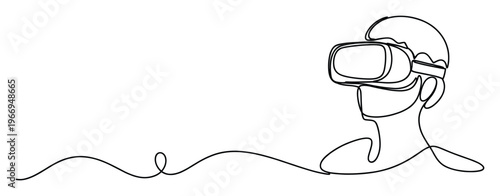 Continuous line drawing of a person wearing a virtual reality headset, symbolizing immersive digital experience and future technology, ideal for modern tech presentations or gaming concepts.