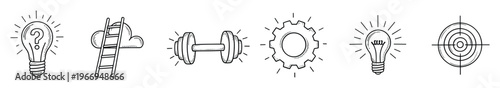Hand drawn doodle icons representing strategic thinking problem solving personal growth and goal achievement perfect for educational business and motivational presentations