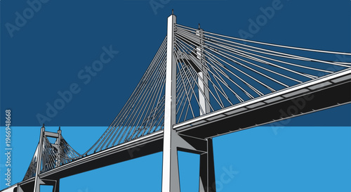 Stylized graphic illustration of a suspension bridge against a bold blue sky