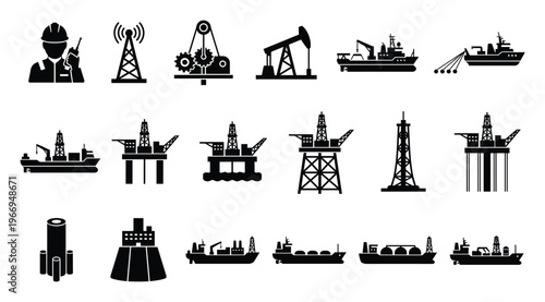 Collection of black silhouette icons depicting various elements of the oil and gas industry for energy exploration, production, transportation, and industrial development projects