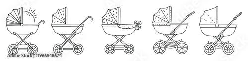 Collection of charming handdrawn baby prams and strollers featuring unique canopy patterns, perfect for delightful newborn announcements, child care blogs, or heartwarming nursery decor