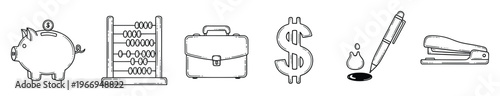 Hand drawn outline icons of business finance and office tools like a piggy bank abacus briefcase dollar symbol pen and stapler for illustrating economic concepts and administrative tasks