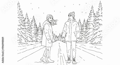 Two individuals in winter attire stand on a snow-dusted road with pine trees