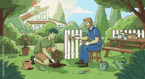 Two men work together on a sunny day in a backyard, one painting a fence, the other planting