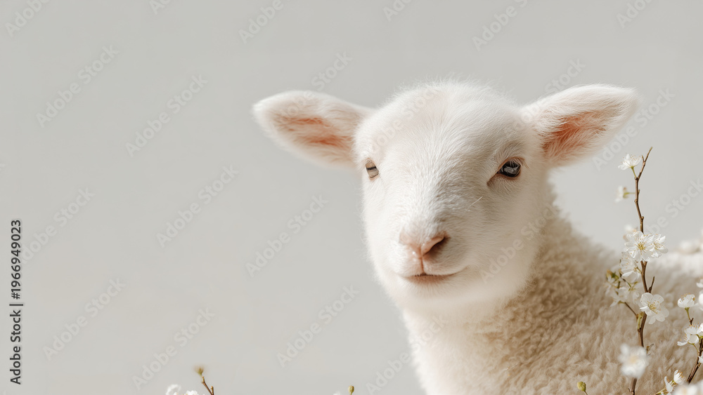 Fototapeta premium White Lamb Portrait with Blossoms Minimal Spring Banner